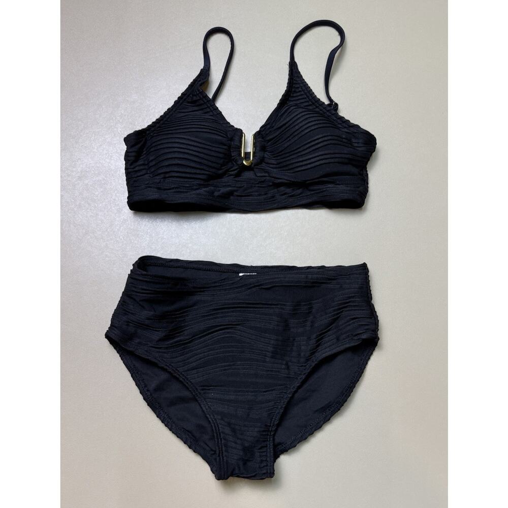 Girls 9-10 Years Black Ribbed Bikini Set High Waisted 2pc NWOT